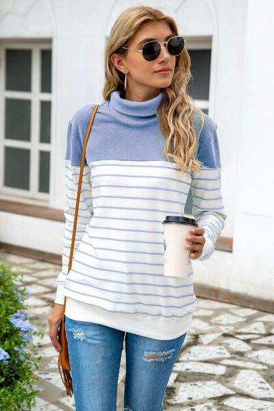 Striped Contrast Turtleneck Sweater - Trendsi - Flyclothing LLC