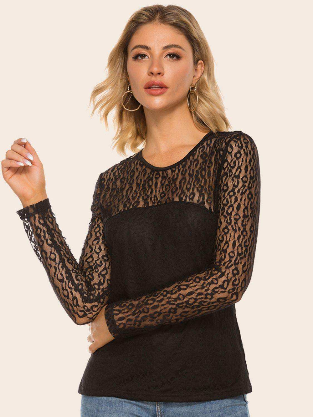 Lace Yoke Spliced Top - Trendsi - Flyclothing LLC