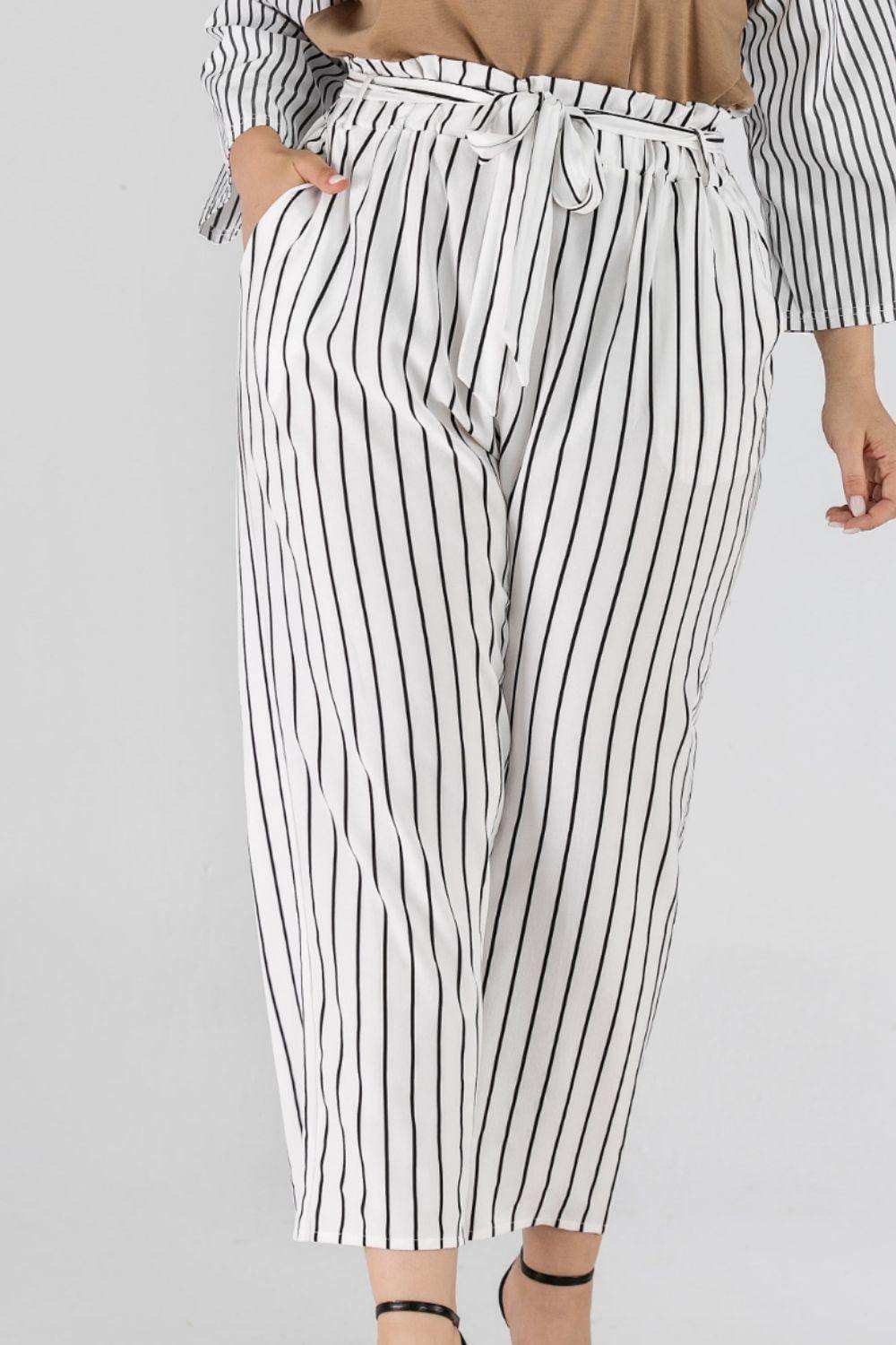 Full Size Striped Paperbag Waist Cropped Pants - Trendsi - Flyclothing LLC