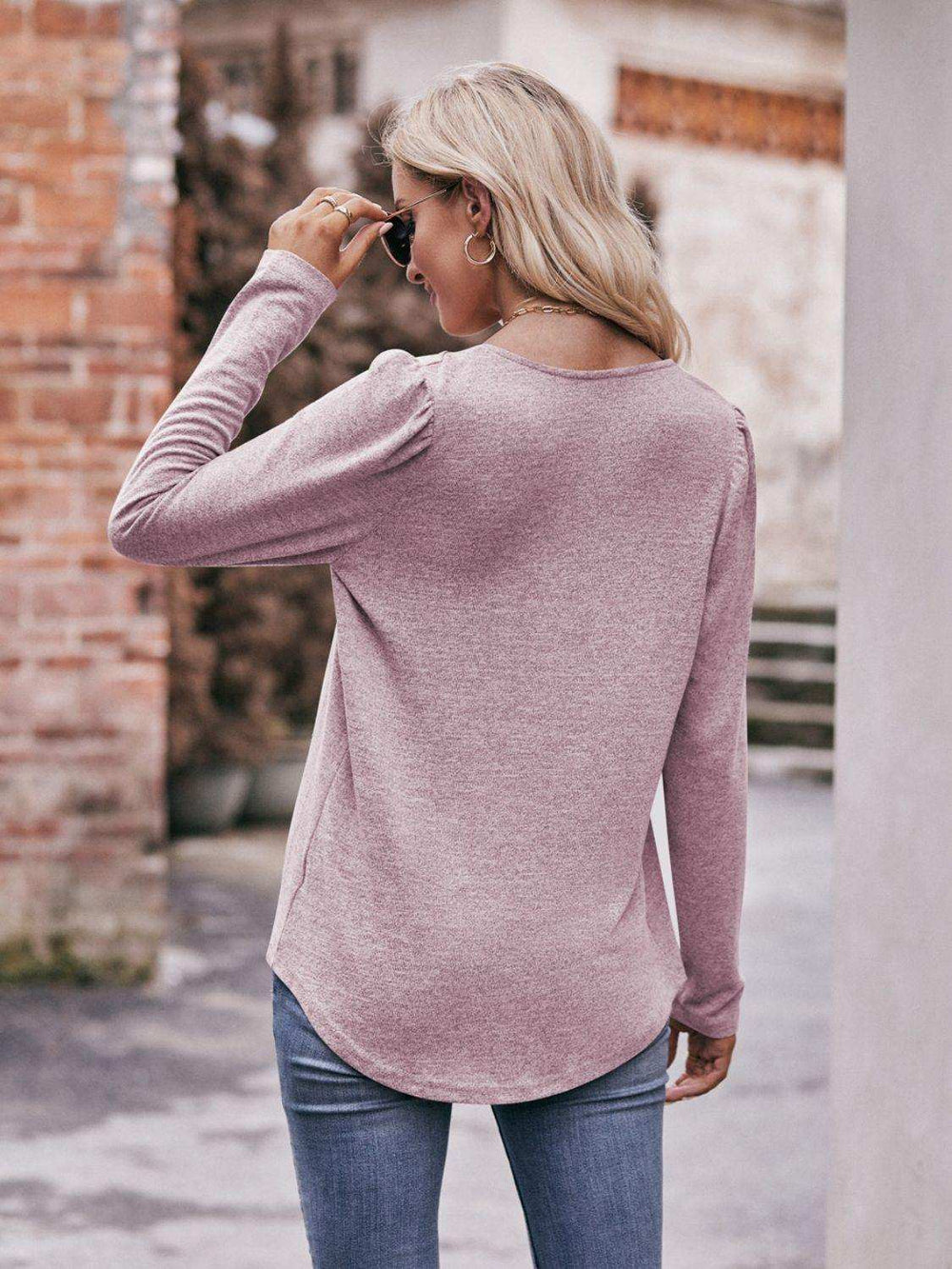 Pleated Detail Curved Hem Long Sleeve Top - Trendsi - Flyclothing LLC