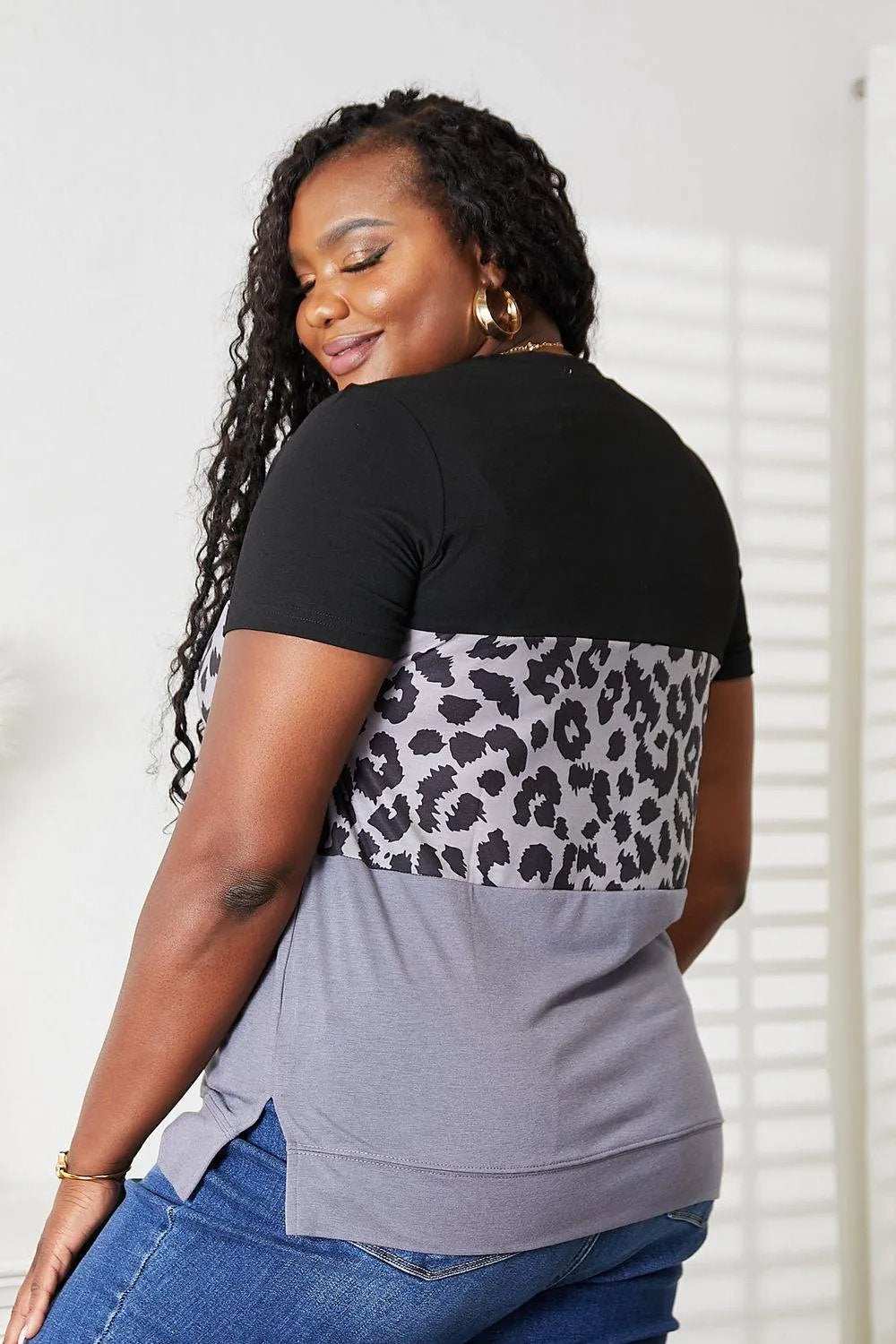 Double Take Leopard Print Color Block Short Sleeve T-Shirt - Trendsi - Flyclothing LLC
