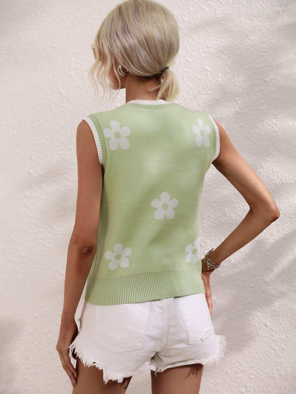 Floral Contrast Ribbed Trim Sweater Vest - Trendsi - Flyclothing LLC