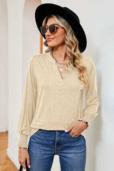 Notched Lantern Sleeve T-Shirt - Trendsi - Flyclothing LLC