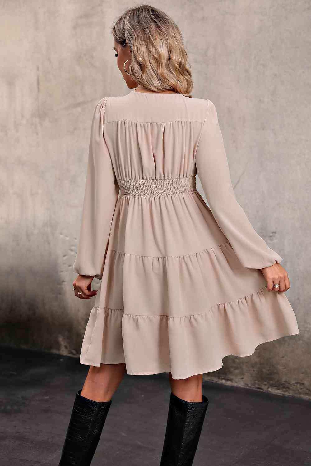 V Neck Button Up Tiered Dress - Trendsi - Flyclothing LLC