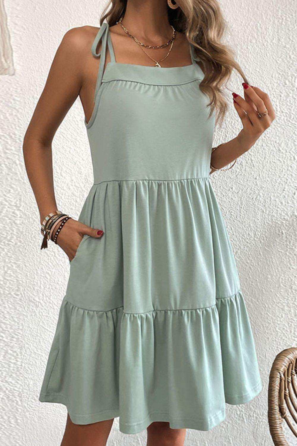 Tie-Shoulder Tiered Dress with Pockets - Trendsi - Flyclothing LLC