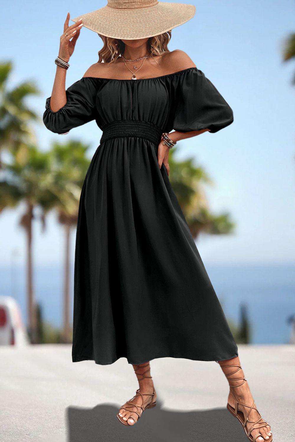 Square Neck Smocked Waist Puff Sleeve Midi Dress - Trendsi - Flyclothing LLC