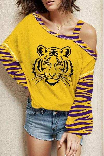 Tiger Graphic Asymmetrical Neck Long Sleeve T-Shirt - Trendsi - Flyclothing LLC