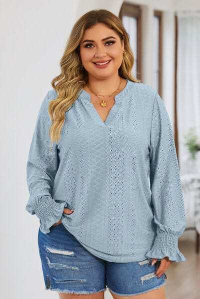 Plus Size Eyelet Notched Flounce Sleeve Blouse - Trendsi - Flyclothing LLC