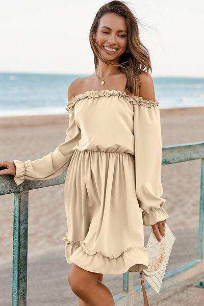 Frill Off-Shoulder Flounce Sleeve Dress - Trendsi - Flyclothing LLC