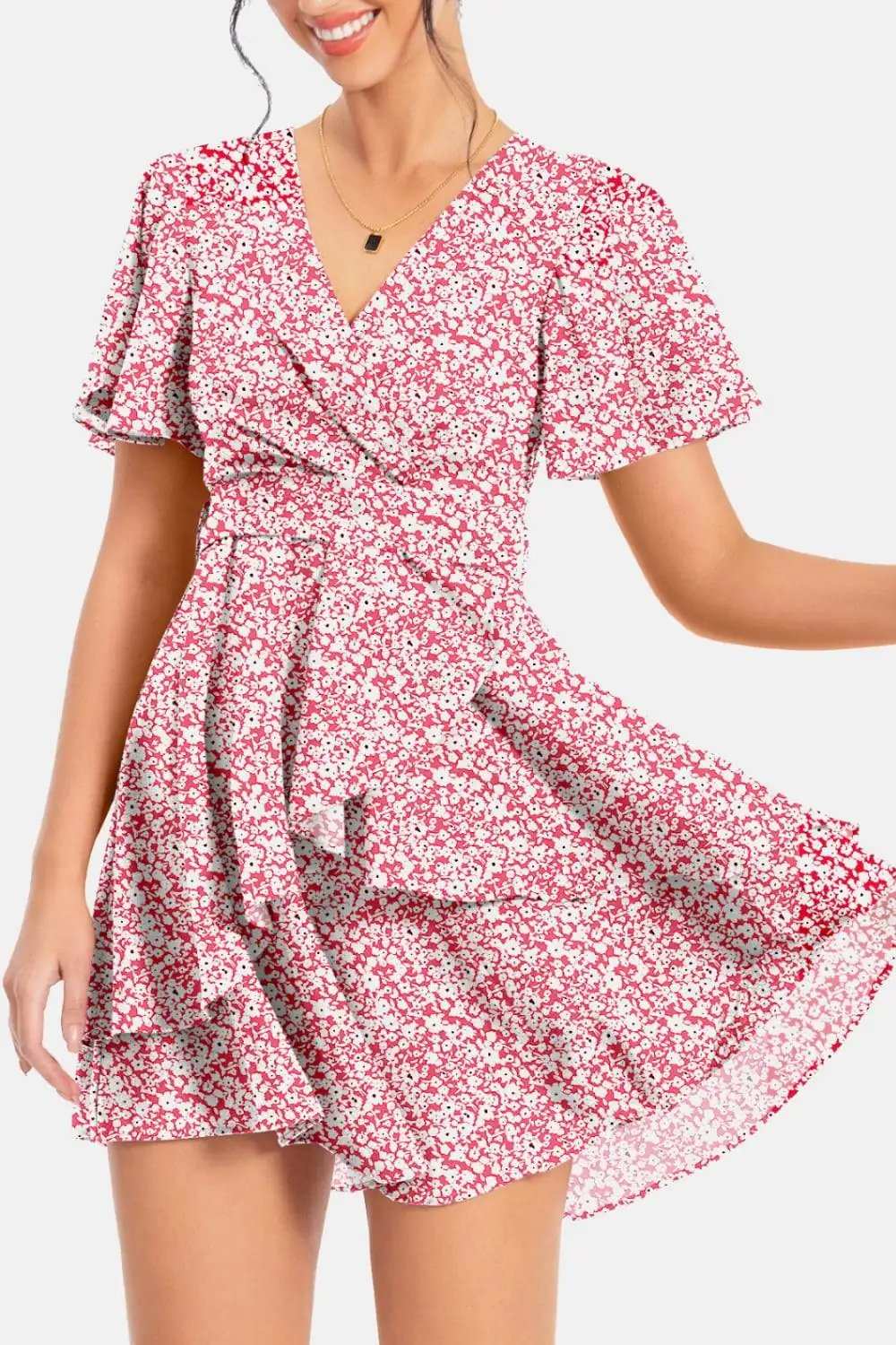 Surplice Neck Flutter Sleeve Dress - Trendsi - Flyclothing LLC