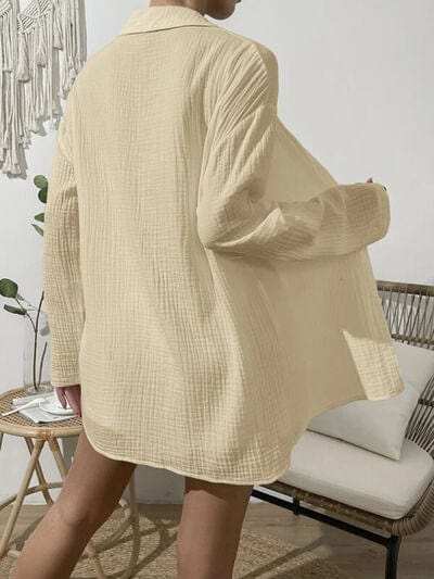 Dropped Shoulder Button Up Top and Elastic Waist Shorts Set - Trendsi - Flyclothing LLC