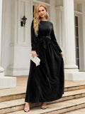Tie Front Round Neck Long Sleeve Maxi Dress - Trendsi - Flyclothing LLC