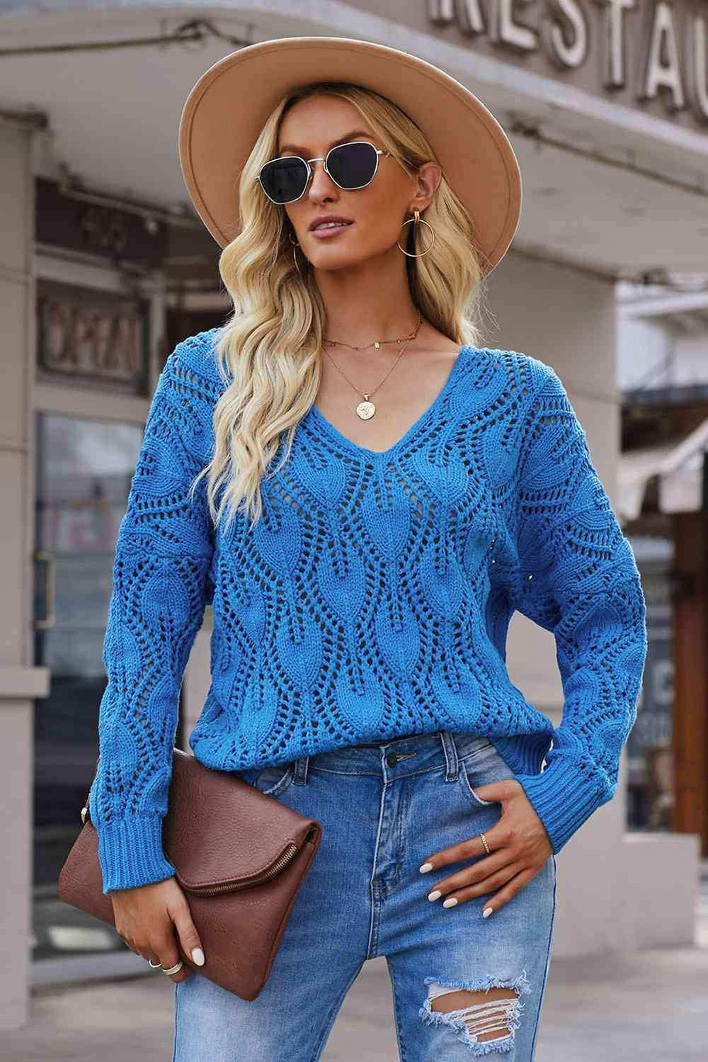 Openwork V-Neck Knit Top - Trendsi - Flyclothing LLC