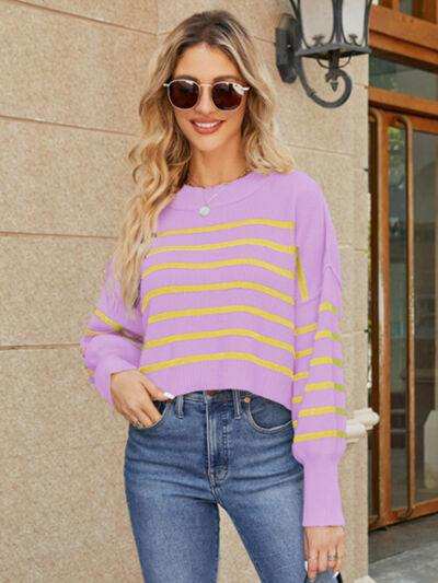 Round Neck Striped Lantern Sleeve Sweater - Trendsi - Flyclothing LLC