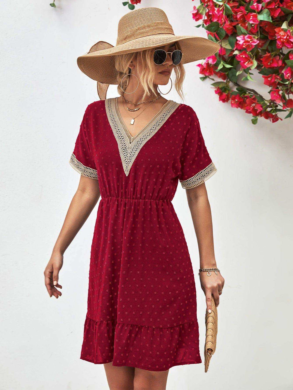 Contrast V-Neck Short Sleeve Mini Dress - Trendsi - Flyclothing LLC