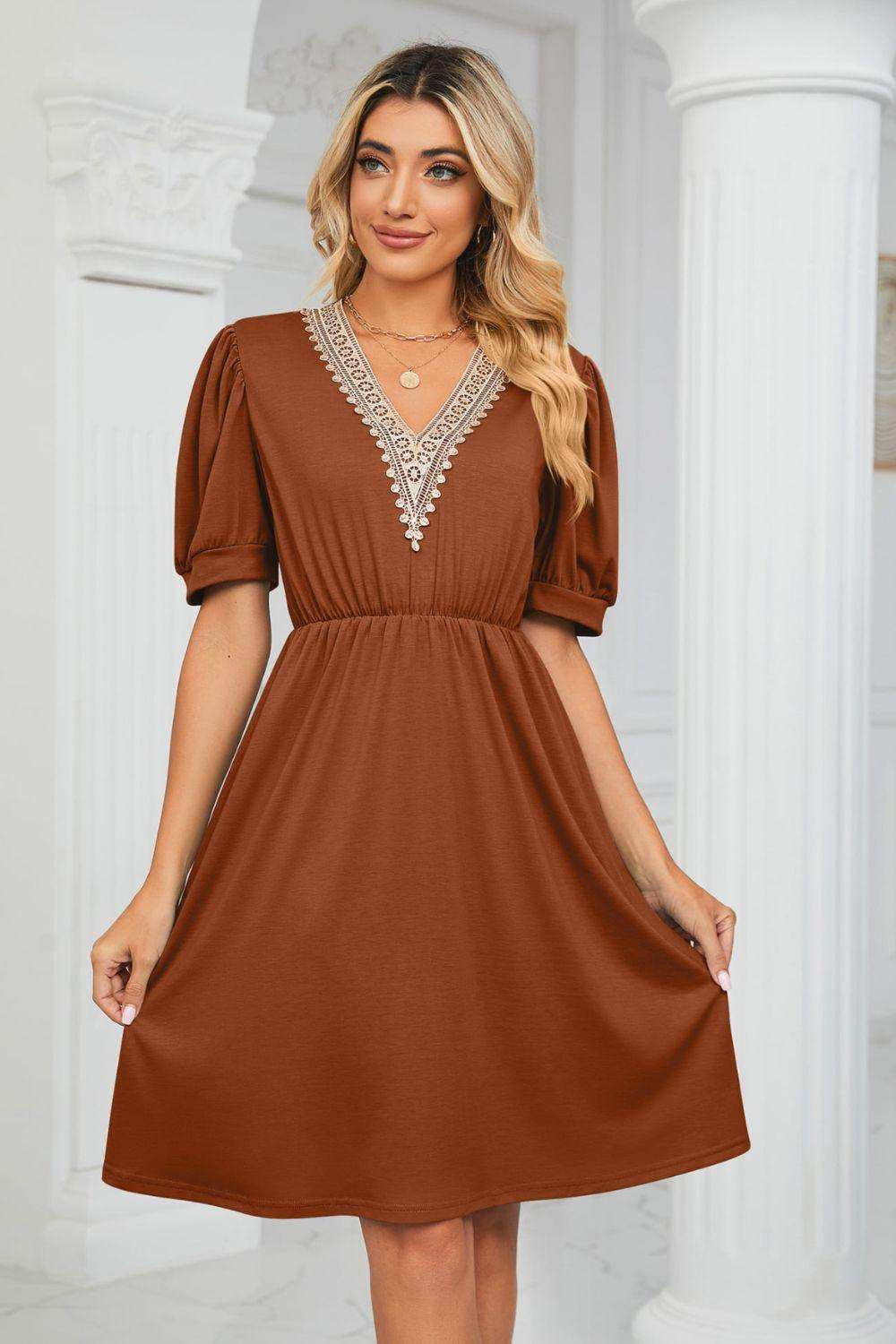 Contrast V-Neck Puff Sleeve Pocket Dress - Trendsi - Flyclothing LLC