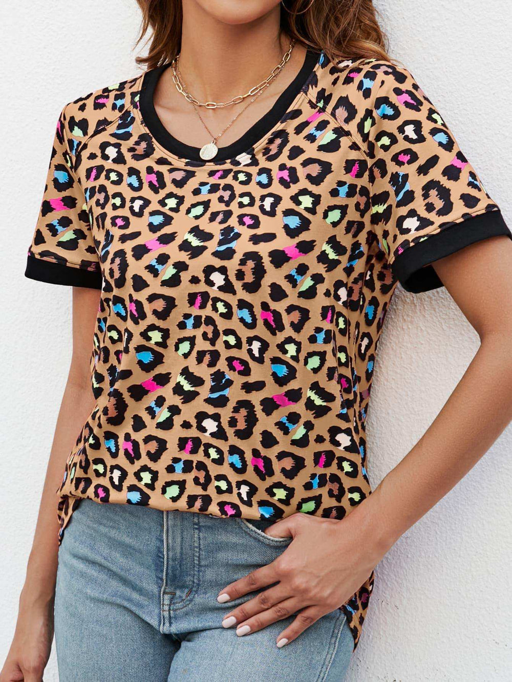 Leopard Round Neck Short Sleeve Tee Shirt - Trendsi - Flyclothing LLC