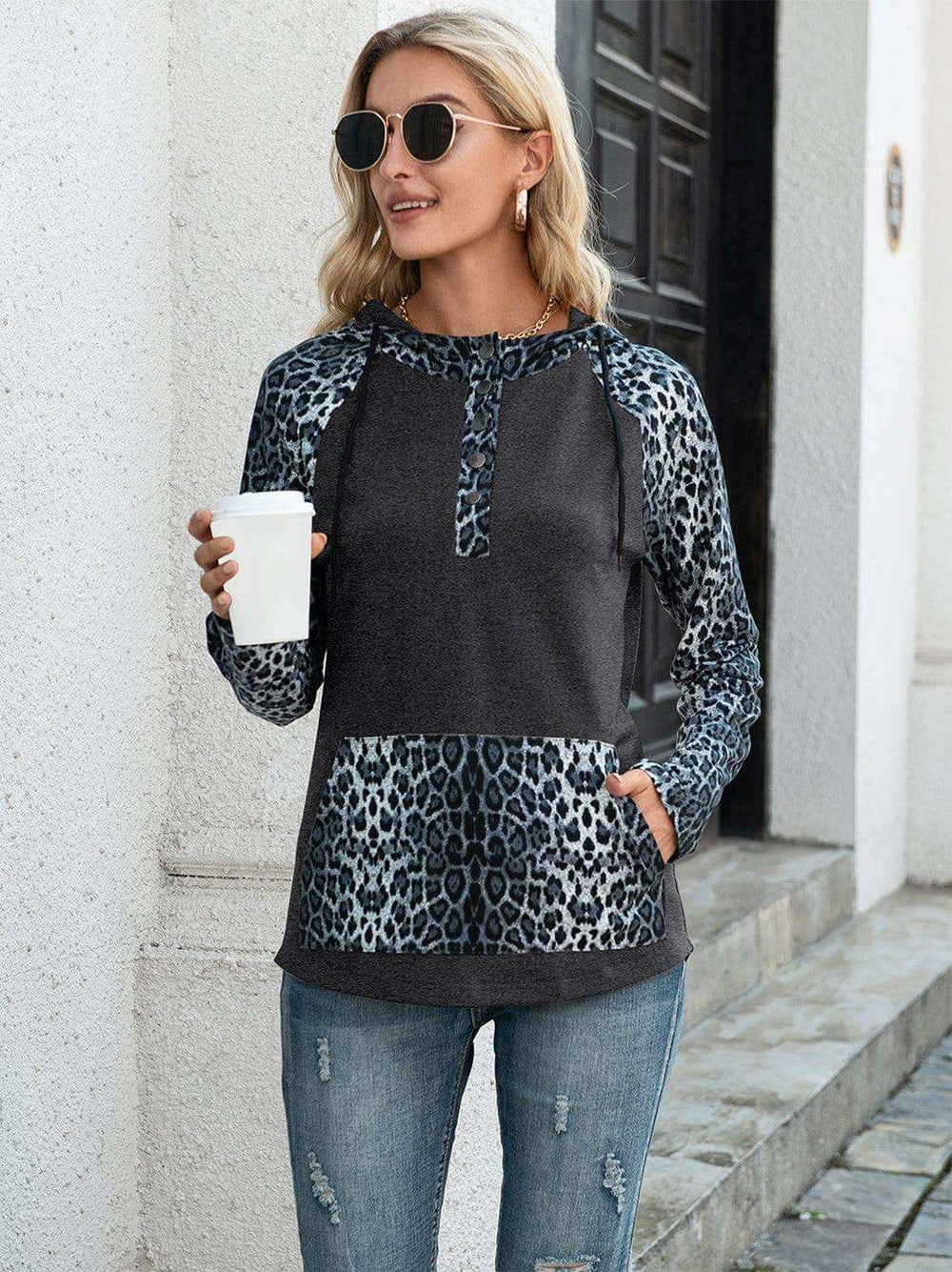 Leopard Raglan Sleeve Hoodie - Trendsi - Flyclothing LLC