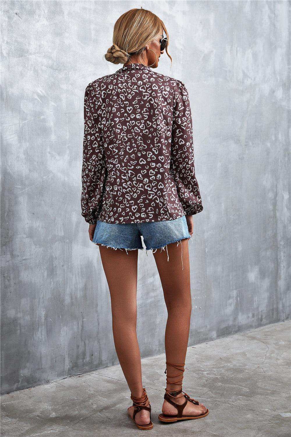 Printed Tie Neck Puff Sleeve Blouse - Trendsi - Flyclothing LLC