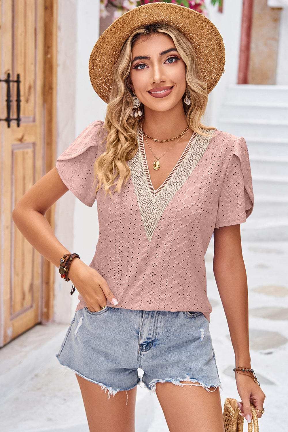 Eyelet V-Neck Petal Sleeve T-Shirt - Trendsi - Flyclothing LLC