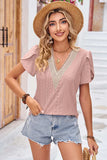 Eyelet V-Neck Petal Sleeve T-Shirt - Trendsi - Flyclothing LLC