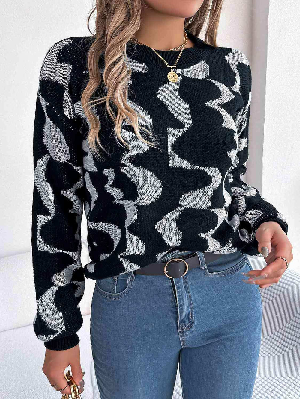 Round Neck Long Sleeve Sweater - Trendsi - Flyclothing LLC