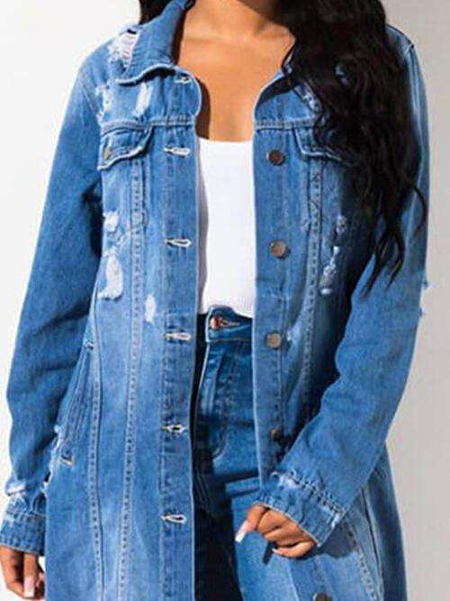 Long Sleeve Raw Hem Denim Jacket - Trendsi - Flyclothing LLC