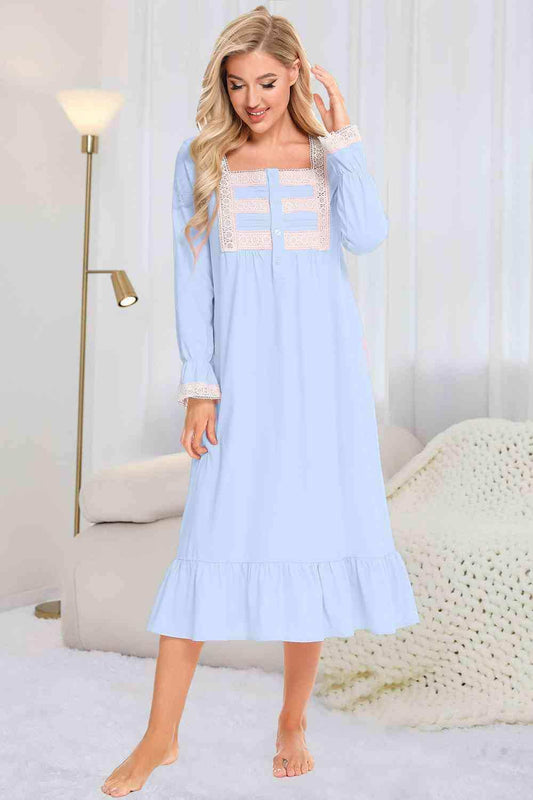 Lace Detail Square Neck Flounce Sleeve Night Dress - Trendsi - Flyclothing LLC