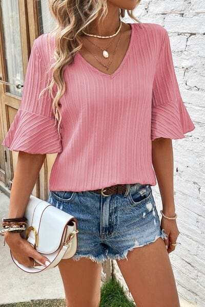 Textured V-Neck Flounce Sleeve Blouse - Trendsi - Flyclothing LLC