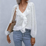 Ruffle Hem Fringe V-Neck Balloon Sleeve Blouse - Trendsi - Flyclothing LLC