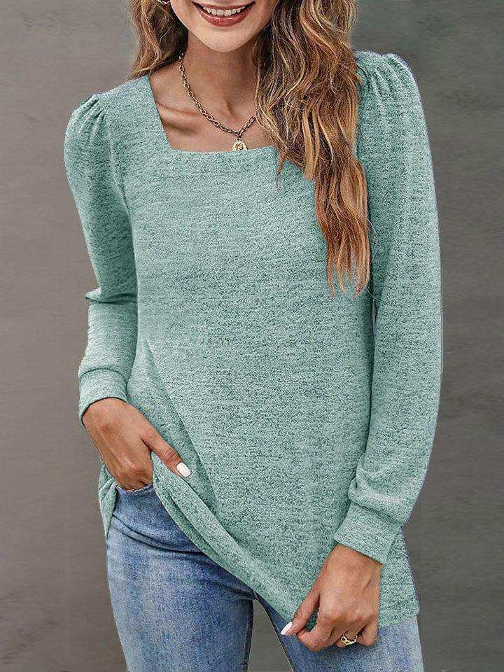 Heathered Square Neck Long Sleeve T-Shirt - Trendsi - Flyclothing LLC