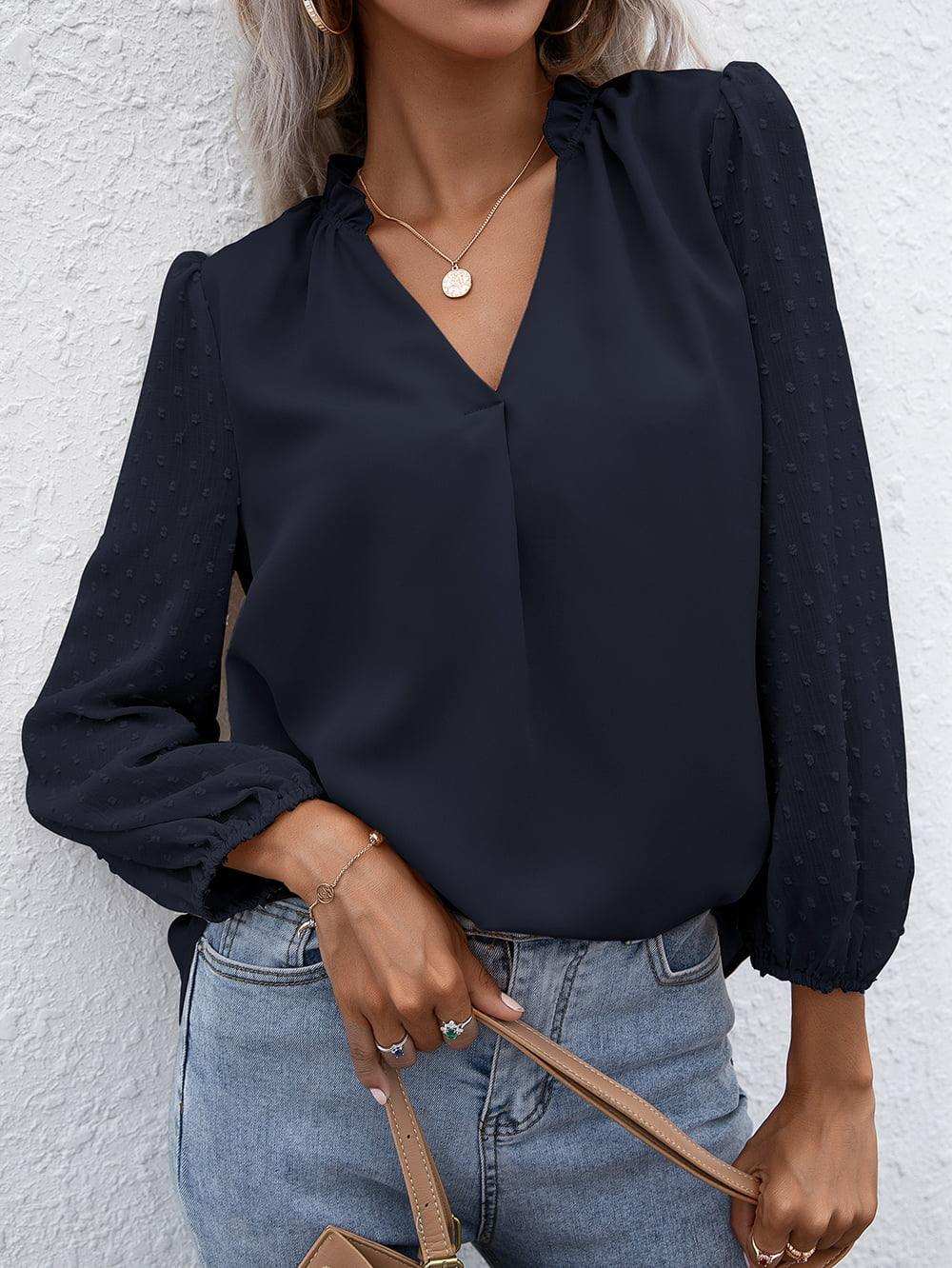 Swiss Dot Frill Trim Puff Sleeve Blouse - Trendsi - Flyclothing LLC