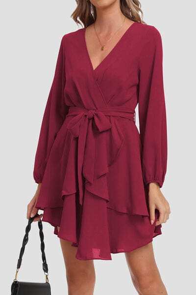 Tied Surplice Balloon Sleeve Layered Dress - Trendsi - Flyclothing LLC