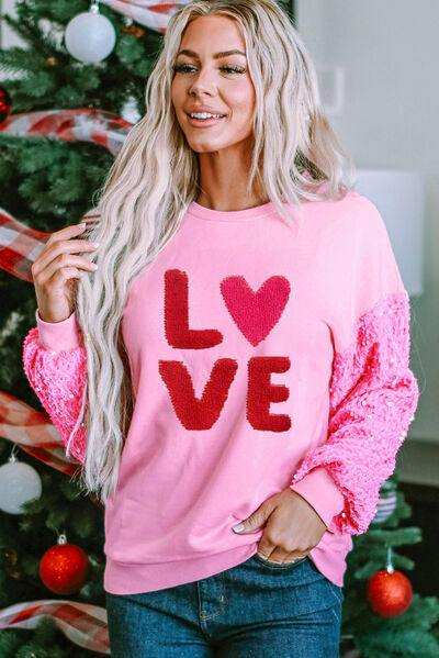 LOVE Sequin Dropped Shoulder Sweatshirt - Trendsi - Flyclothing LLC