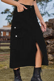 Slit Front Midi Denim Skirt with Pockets - Trendsi - Flyclothing LLC