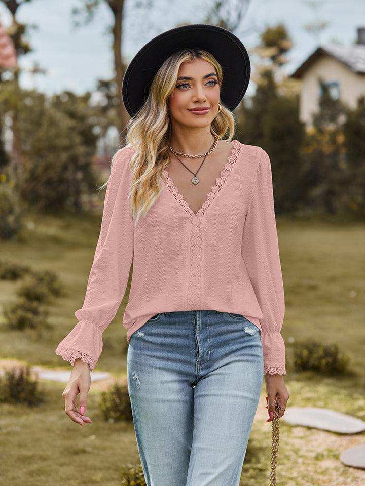 V-Neck Flounce Sleeve Blouse - Trendsi - Flyclothing LLC