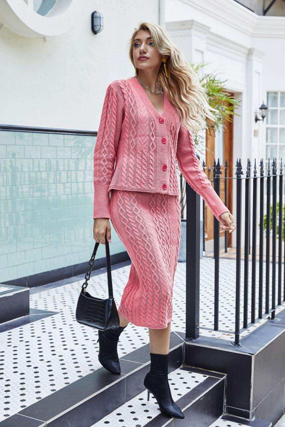 Mixed Knit V-Neck Cardigan and Knit Skirt Set - Trendsi - Flyclothing LLC