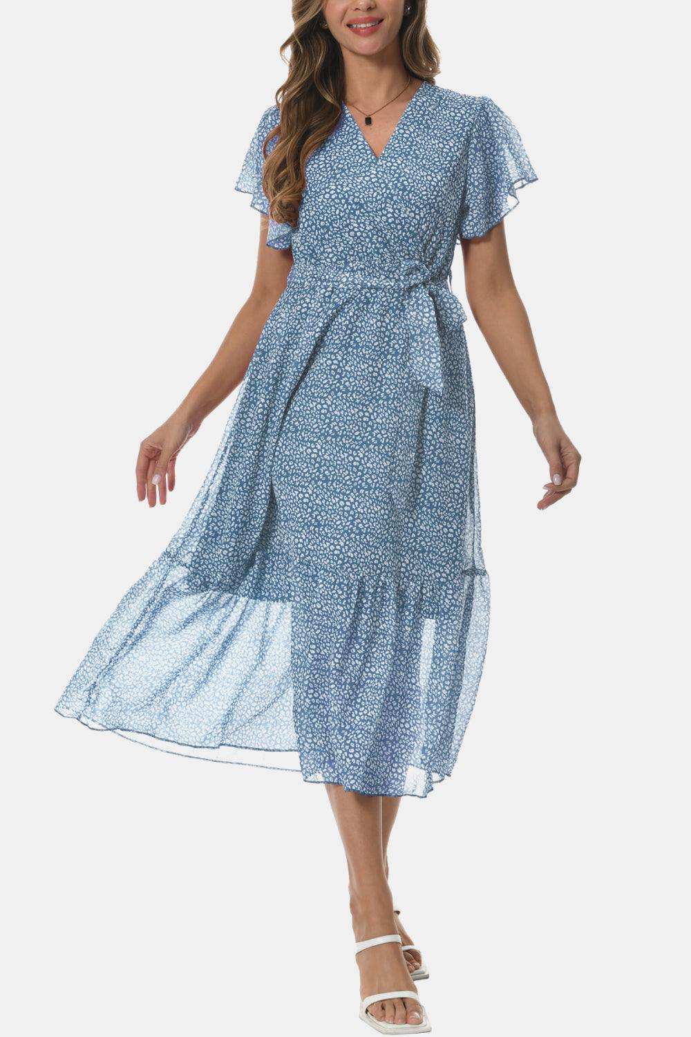 Surplice Neck Flutter Sleeve Tied Dress - Trendsi - Flyclothing LLC