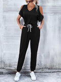 V-Neck Cold-Shoulder Jumpsuit with Pockets - Trendsi - Flyclothing LLC