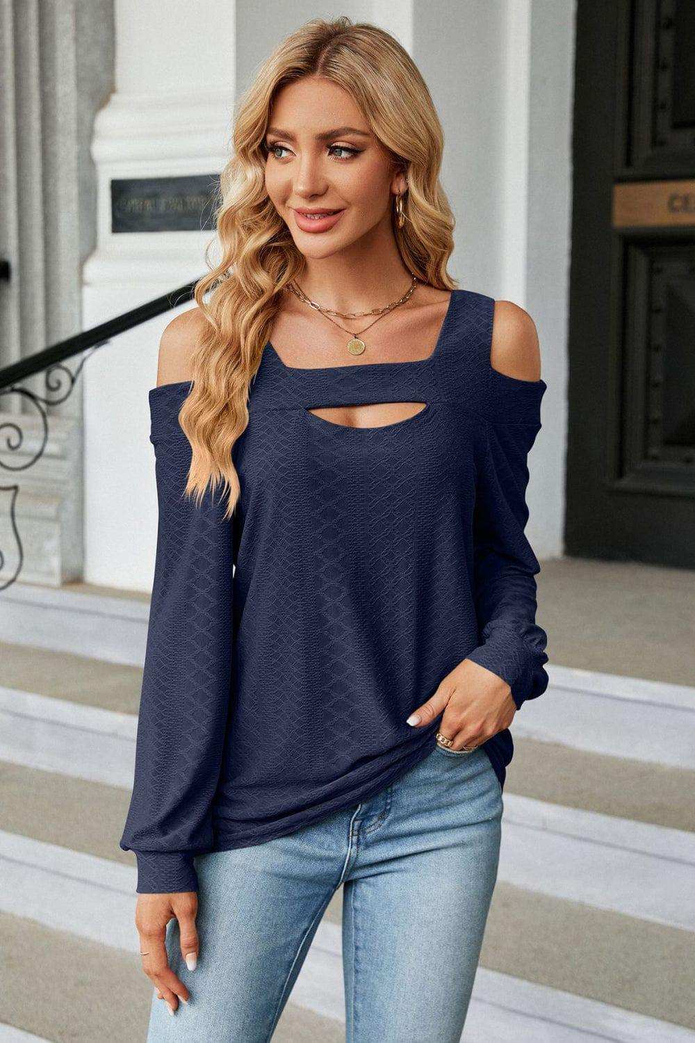 Cold Shoulder Square Neck Cutout Blouse - Trendsi - Flyclothing LLC