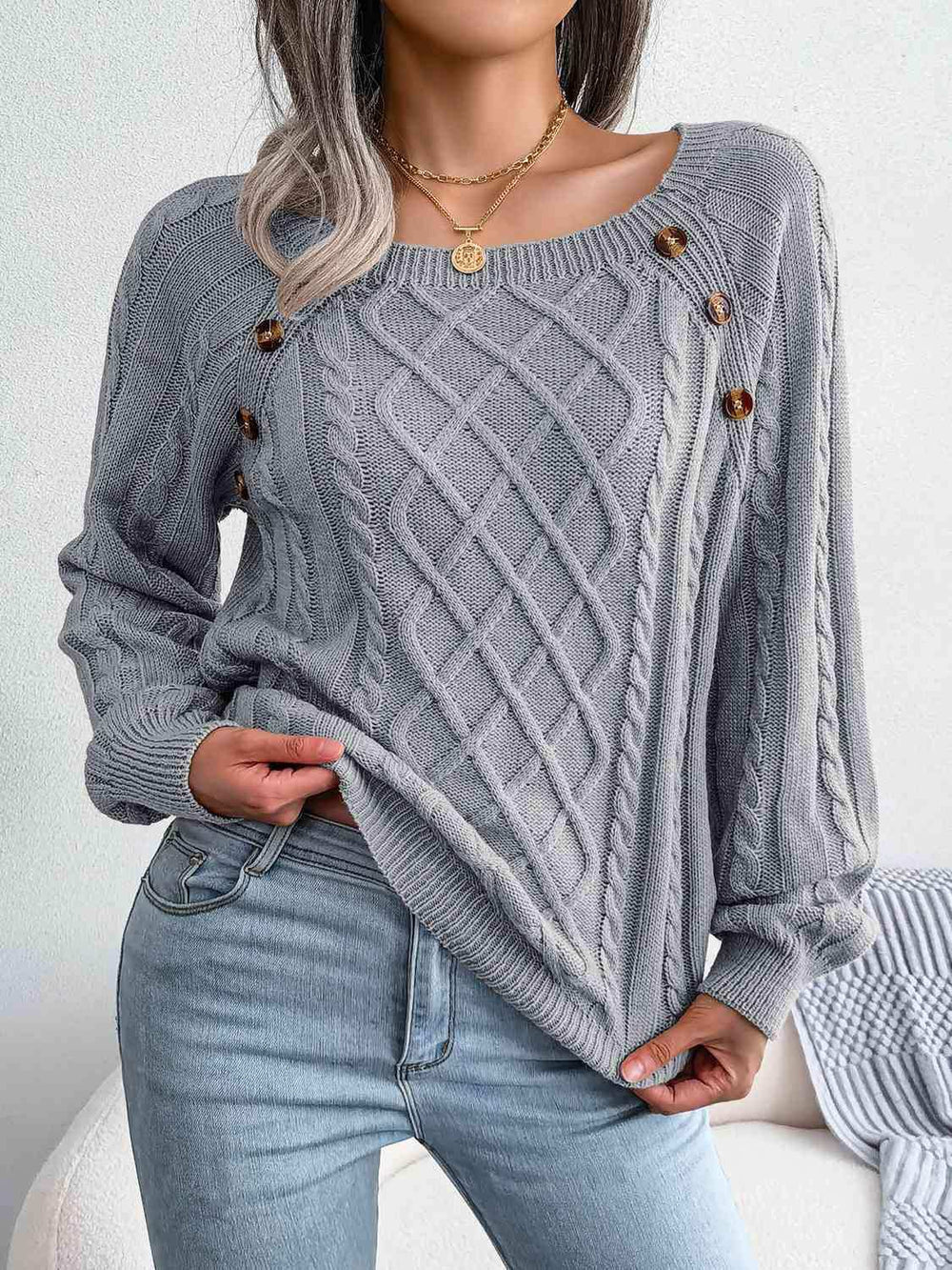 Decorative Button Cable-Knit Sweater - Trendsi - Flyclothing LLC