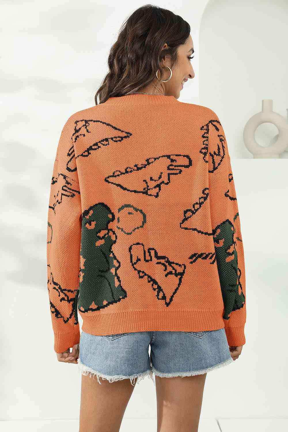 Dinosaur Print Pullover Sweater - Trendsi - Flyclothing LLC