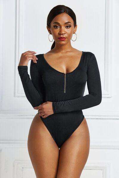 Half Zip Scoop Neck Long Sleeve Bodysuit - Trendsi - Flyclothing LLC