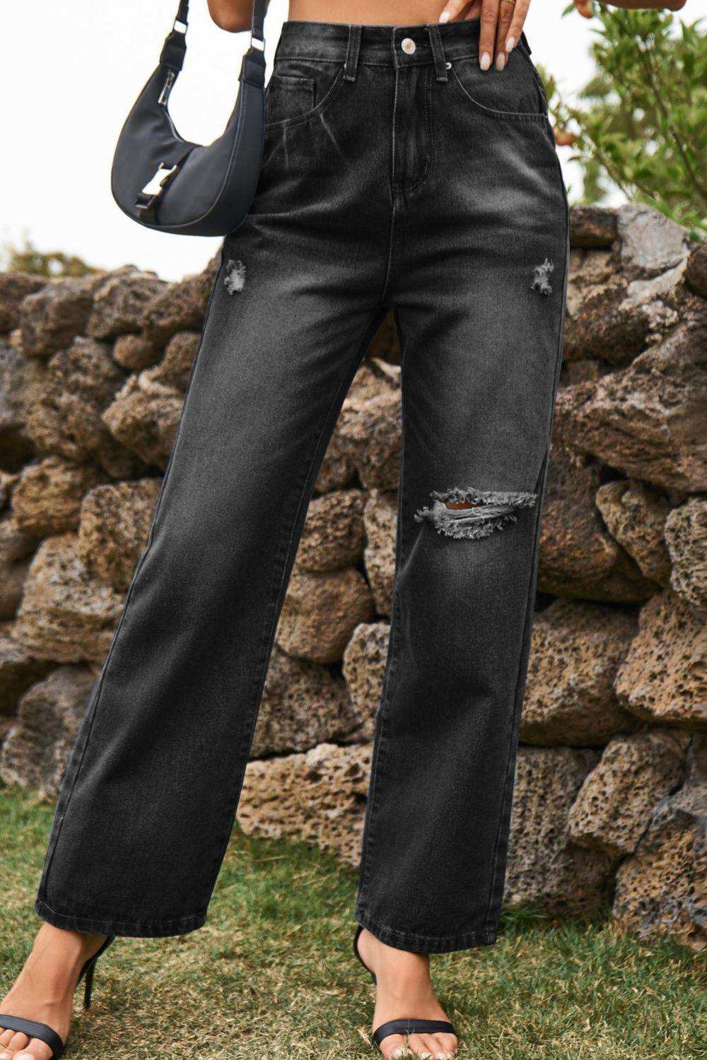 Distressed Buttoned Loose Fit Jeans - Trendsi - Flyclothing LLC