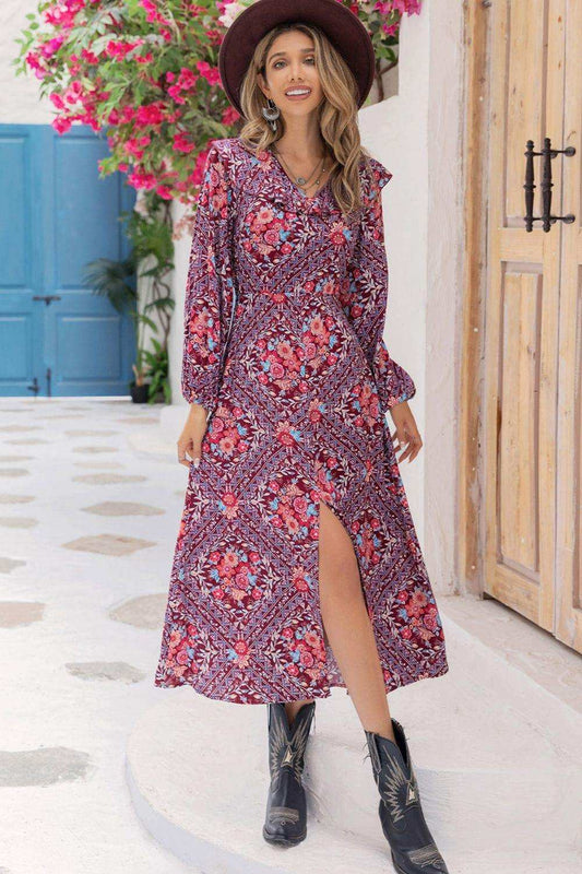 Printed Long Sleeve Slit Midi Dress - Trendsi - Flyclothing LLC