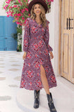 Printed Long Sleeve Slit Midi Dress - Trendsi - Flyclothing LLC