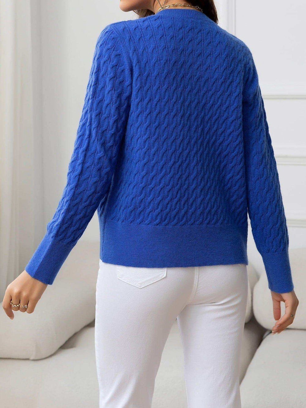 Round Neck Cable-Knit Buttoned Knit Top - Trendsi - Flyclothing LLC