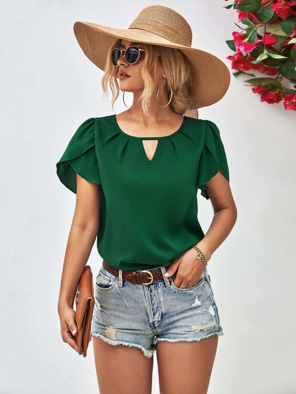 Cutout Round Neck Petal Sleeve Blouse - Trendsi - Flyclothing LLC