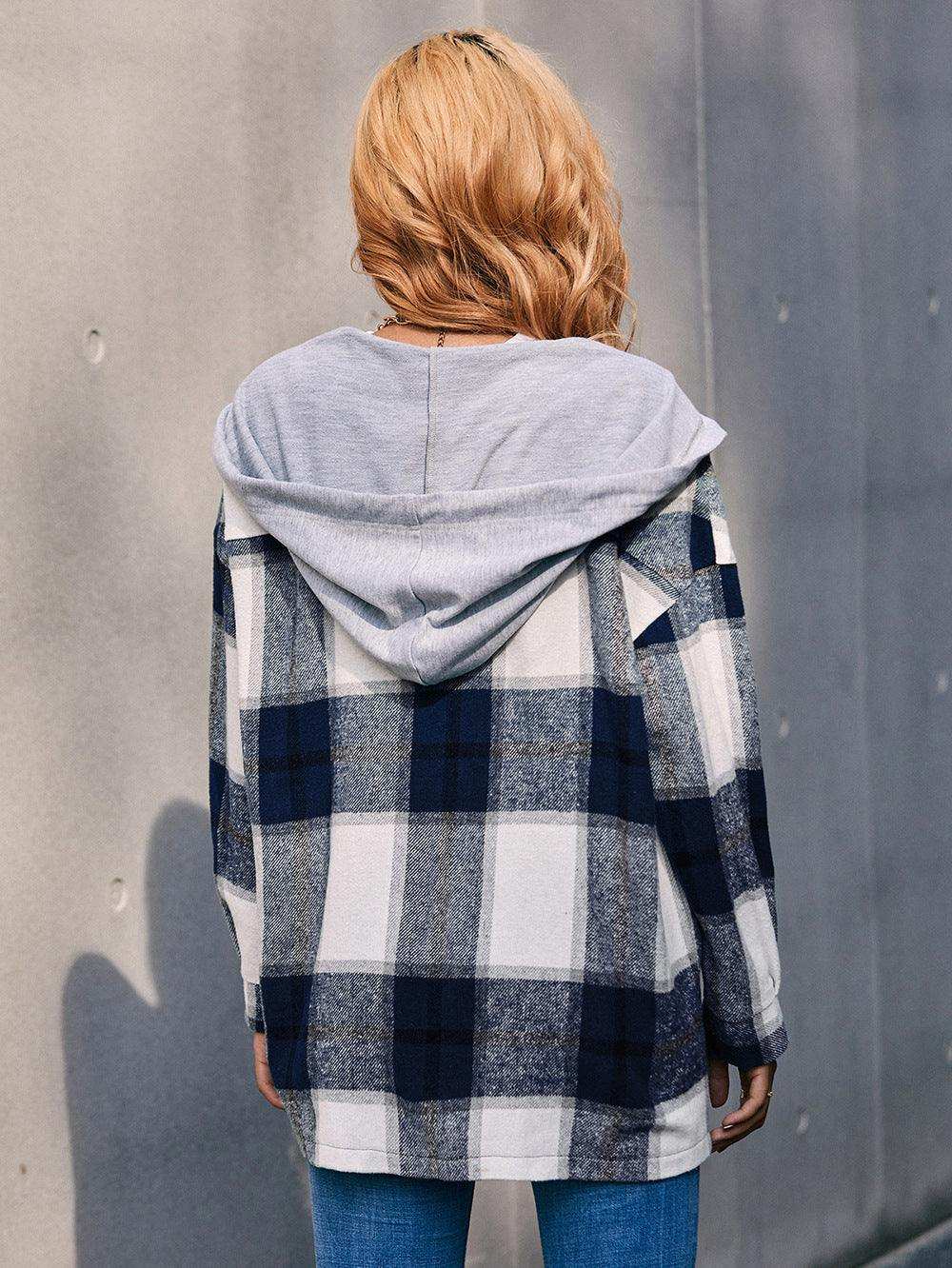 Plaid Dropped Shoulder Hooded Jacket - Trendsi - Flyclothing LLC
