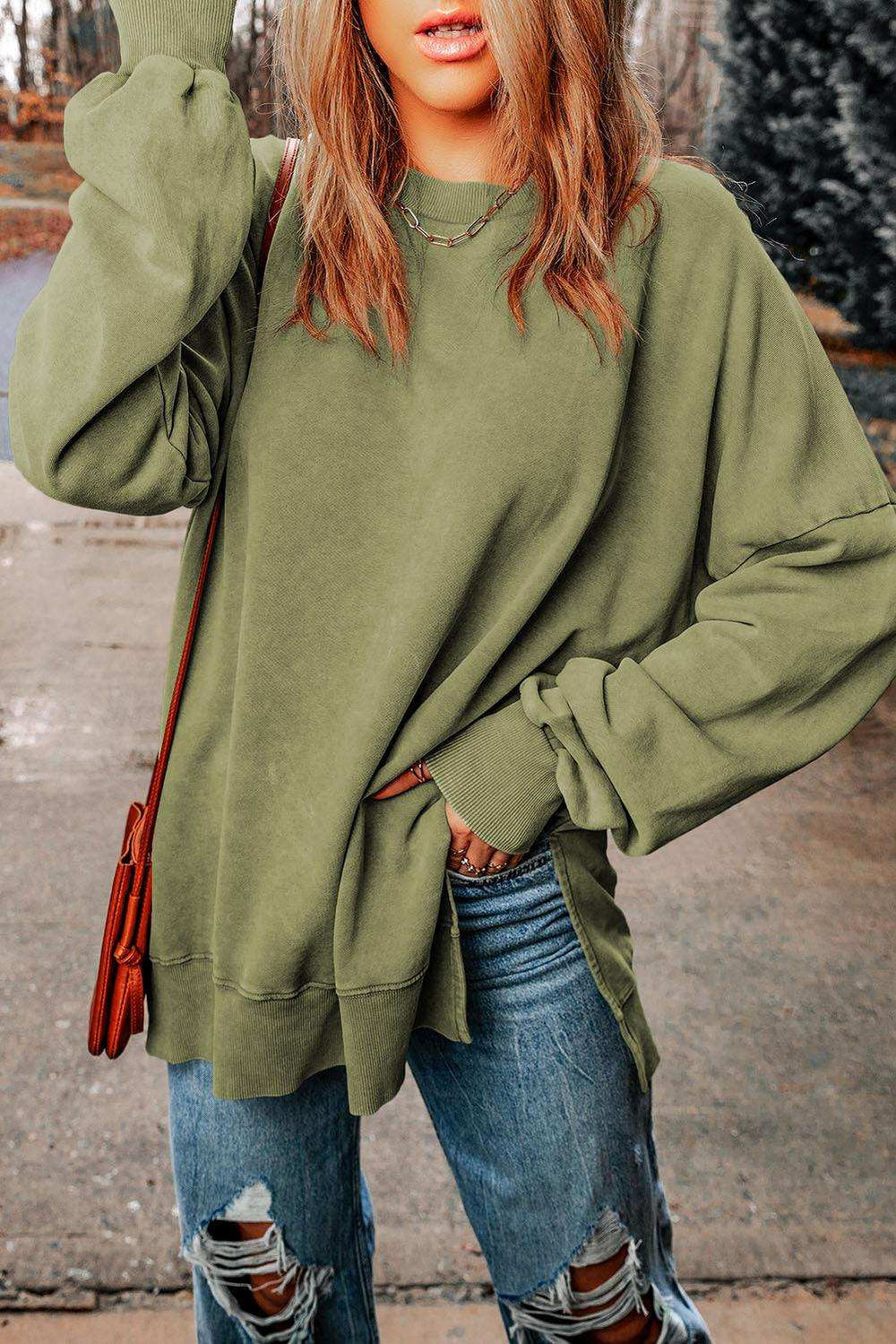 Dropped Shoulder Round Neck Long Sleeve Blouse - Trendsi - Flyclothing LLC